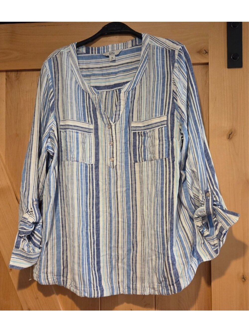 Croft & Barrow Women XL Linen Blend Striped V Neck Roll Tab Sleeve Shirt Pockets